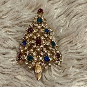 Vintage Eisenberg Gold Tone Rhinestone Cut Your Own Christmas Tree Brooch Rare